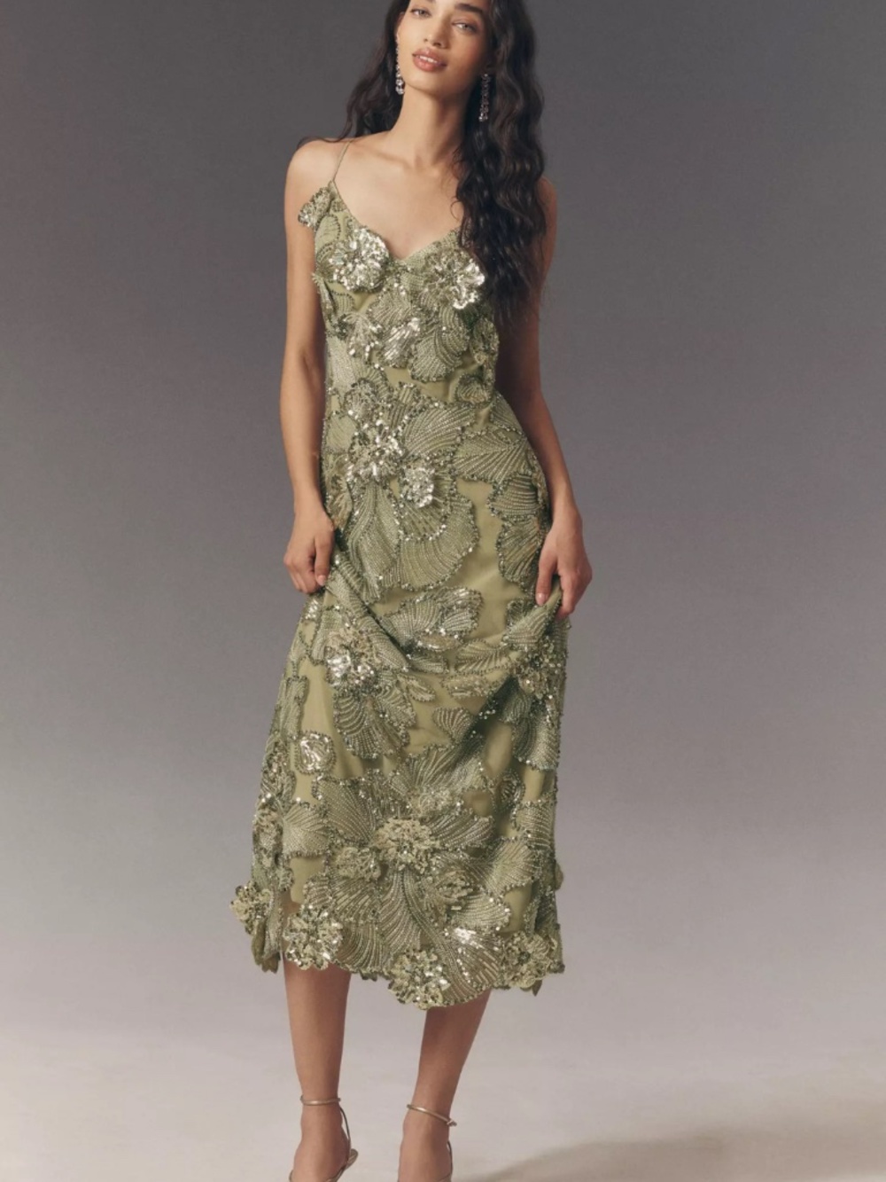 Helsi Samantha Floral Embroidered Sequin Sheath Maxi Dress Sage Green [M] NWT